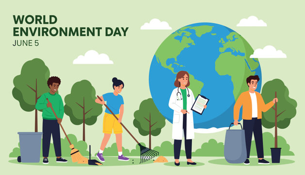 Vector illustration of World Environment Day with people cleaning and protecting nature around Earth