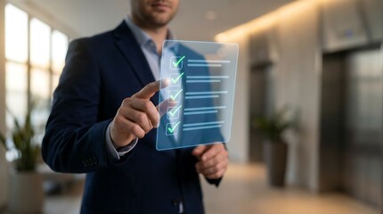 Businessman engaging with a cutting-edge digital checklist in a sleek office environment, conveying innovation and productivity