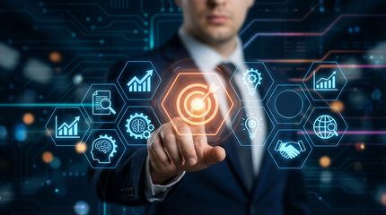 A businessman engages with a cutting-edge digital interface, symbolizing innovation and strategic planning in a modern workspace.
