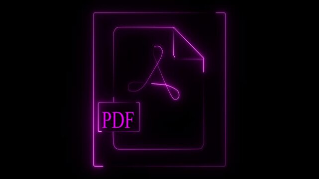 Glowing purple neon PDF document file icon animation featuring the Adobe Acrobat symbol outline on a sleek black background for creative projects.