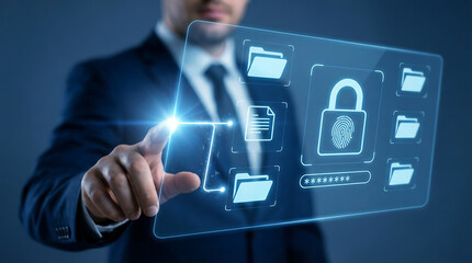 Businessman engaging with advanced digital security interface, symbolizing data protection and cyber safety in a modern business setting