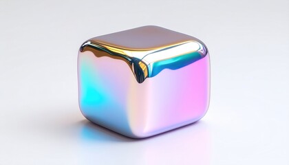 A shiny, iridescent cube with rounded edges sits against a soft white background