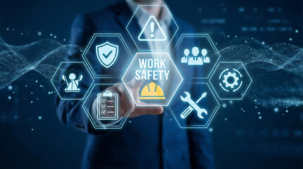 Businessman presenting work safety icons in a modern digital workspace, emphasizing protection, security and risk management in a professional setting.