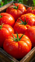 Fototapeta premium Premium red tomato with glistening water droplets in sunlight