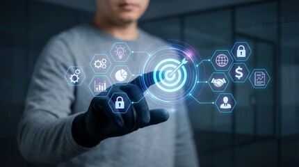 Businessman engaging with a futuristic digital interface, symbolizing strategy, innovation, and growth in a modern business setting.