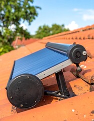 Solar collector on a terracotta tile roof, angled toward blue sky. Green foliage in background