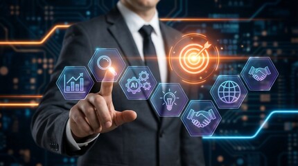 Businessman interacting with futuristic digital interface for innovation and growth