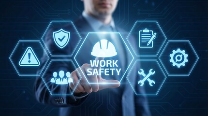 Businessman engaging with interactive work safety icons on a futuristic digital interface, representing modern workplace safety management and technology integration.