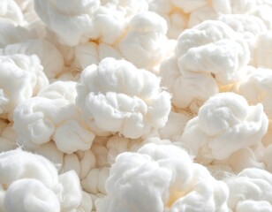 Fluffy, white cotton boll clusters filling the frame, softly lit with subtle shadows