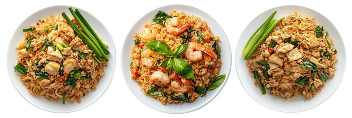 Spicy chicken fried rice Khao Pad with vegetables and herbs, isolated on white background, concept of Asian food