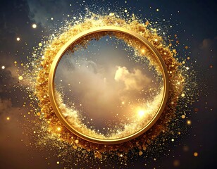 Golden ring with ethereal sky inside, surrounded by sparkling dust against a dark backdrop