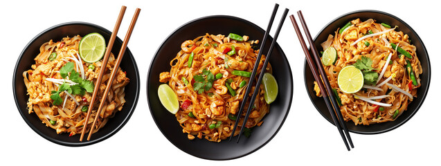 Stir-fried shrimp Pad Thai with crushed peanuts and rice noodles, isolated on white background, concept of Thai cuisine