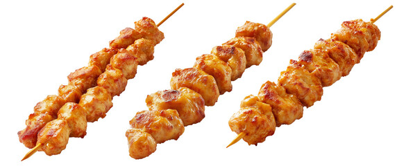 Grilled chicken Satay skewer with a golden brown glaze, isolated on white background, concept of tasty street food