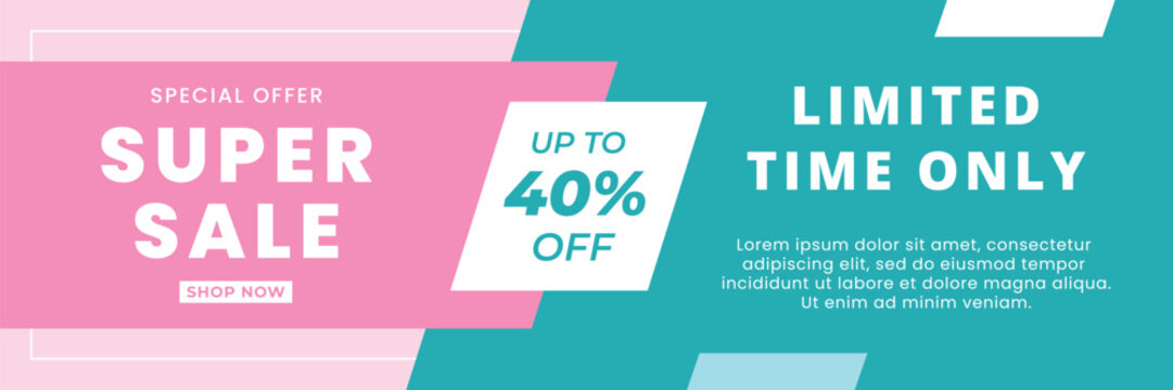 Super Sale Banner Design, Modern Pink and Green Soft Background. Limited Time Only, Up to 40% Off. Suitable for sale promotions, e-commerce, social media, web, headers and more