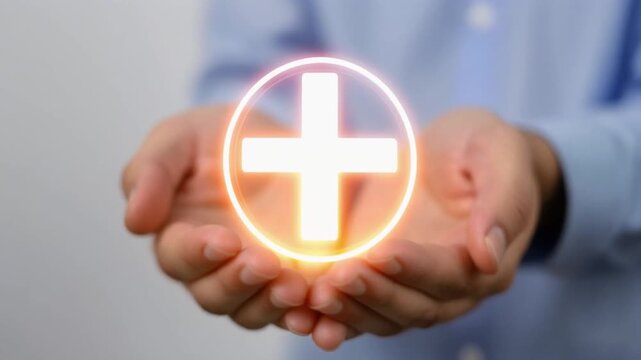 Human hands gently cradling a radiant white plus symbol, embodying concepts of adding value, well-being, growth, and innovative solutions, set against a softly blurred background