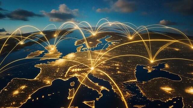 Digital Network Illuminates Europe Seamless Global Connectivity and Data Flow, Visualizing Modern Communication and Future Technology Integration Across Continents