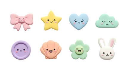 Kawaii Pastel Set with Pink Bow Yellow Star Blue Heart Green Cloud and White Bunny Soft Clay Style