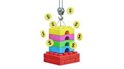 Crane Lifting Stacked Building Blocks with Falling Coins
