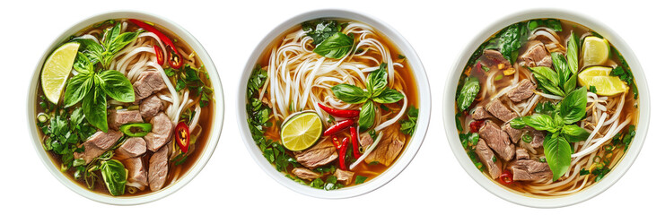 Traditional Vietnamese Pho soup with beef, rice noodles, chili, and lime isolated on white background, Asian cuisine