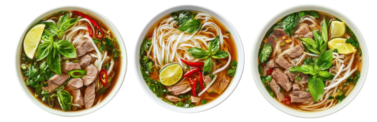 Traditional Vietnamese Pho soup with beef, rice noodles, chili, and lime isolated on white background, Asian cuisine