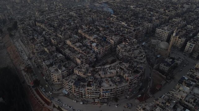 Drone shot of Syria showing buildings destroyed by the war, infrastructure and reconstruction.