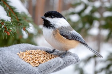 Obraz premium Chickadee feeding from gloved hand in winter