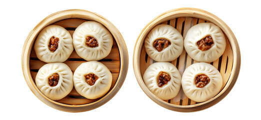 Chinese steamed buns Char Siu Bao with sweet barbecued pork filling in bamboo steamer basket isolated on white