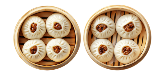 Chinese steamed buns Char Siu Bao with sweet barbecued pork filling in bamboo steamer basket isolated on white