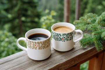 Coffee mugs on wooden balcony railing outdoors
