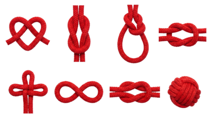 Red Nautical Rope Knot Set Heart Infinity Cross Ball and Loops Realistic Braided Cord on White