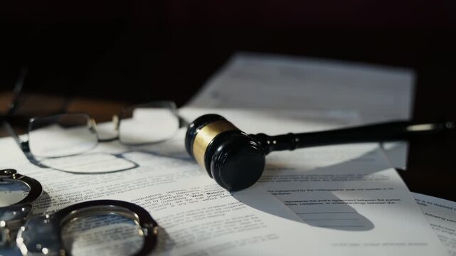 A judge gavel and eyeglasses rest on legal documents under dramatic lighting. law, justice, legal authority, and professional courtroom or law office atmosphere.