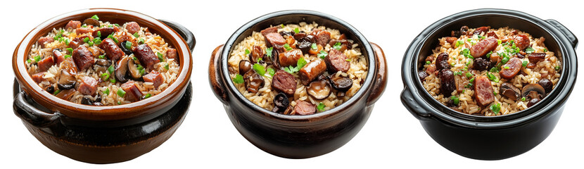 Cooked beef fried rice with peas, carrots, herbs in black clay pot, isolated on white transparent background