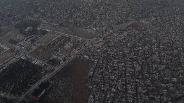 Drone shot of Syria showing buildings destroyed by the war, infrastructure and reconstruction.