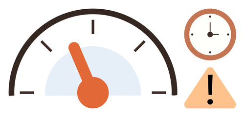 Time management, urgency, performance, speed, risk, productivity. A speedometer with an orange needle, a clock and a warning icon. Urgency and time management visually