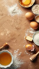 Baking Ingredients for making bread, cake, baked goods with eggs honey flour