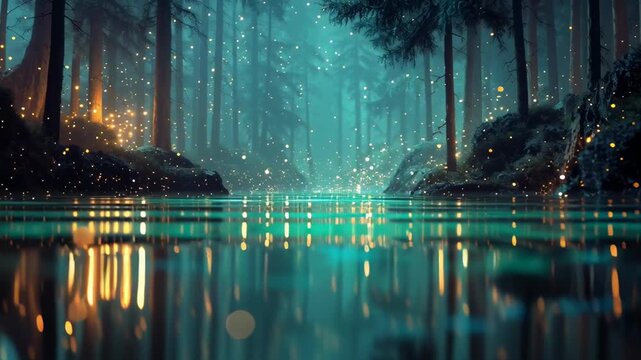 Magical forest river fantasy water reflection glowing light sparkle dreamscape night scenery