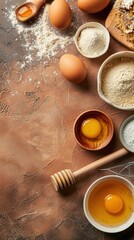 Baking Ingredients for making bread, cake, baked goods with eggs honey flour
