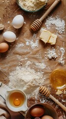 Baking Ingredients for making bread, cake, baked goods with eggs honey flour