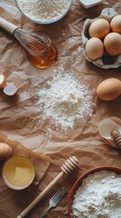 Baking Ingredients for making bread, cake, baked goods with eggs honey flour