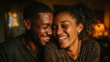 Obraz premium A happy and affectionate Black couple laughing together with closed eyes in a warm, intimate setting, sharing a joyful moment.