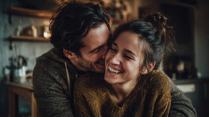 Fototapeta premium A happy couple embraces warmly in a cozy home setting, sharing a joyful and intimate moment together.