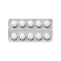 White Pharmaceutical Blister Pack with 6, 8, and 10 Round Tablets Isolated on White and Transparent Background