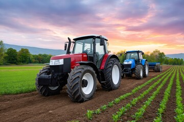 Obraz premium Two tractors working in green crop field at sunset