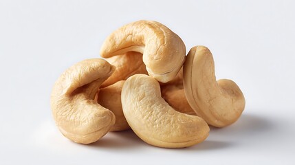Small group of raw cashew nuts with natural curved shape and matte surface