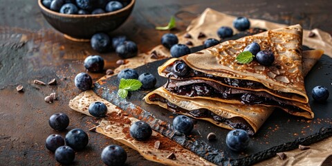 Chocolate Crepes Pancake with Blueberries Brown Rustic Texture Background