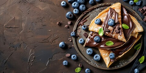 Chocolate Crepes Pancake with Blueberries Brown Rustic Texture Background