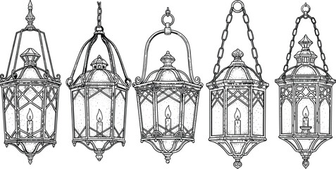 PrintSet of five hand drawn decorative hanging lantern illustrations with burning candles on metal chains isolated on white background for vintage lighting design © Creatives World
