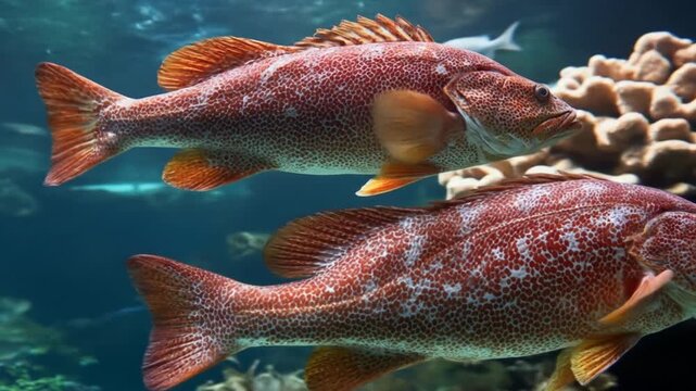 Two vibrant red fish swimming underwater against murky background