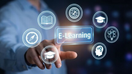 E-learning concept with icons representing education and technology, symbolizing online learning and digital growth.