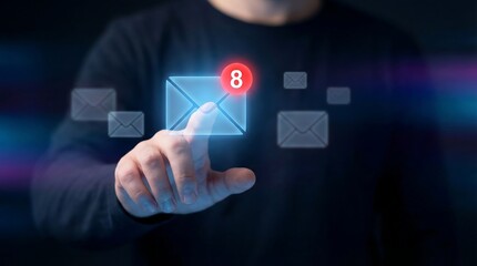 Man interacts with glowing email icon on dark background, symbolizing digital communication and online notifications in a modern, futuristic setting.